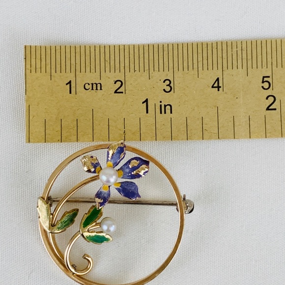 Krementz Enamel Pearl Floral Art Nouvea Brooch Pin - Picture 5 of 5